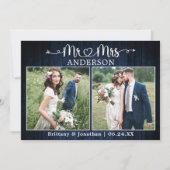 Carte De Remerciements Wedding Calligraphy Heart Mr. Mrs. Blue Wood (Devant)