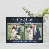 Carte De Remerciements Wedding Calligraphy Heart Mr. Mrs. Blue Wood (Debout devant)