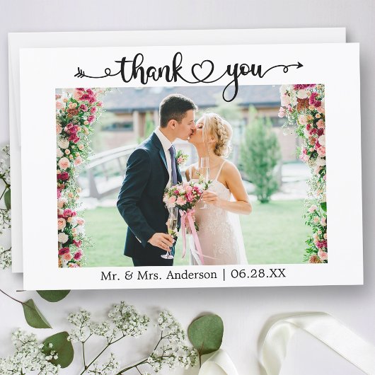 Carte De Remerciements Wedding Photo Calligraphy Script Heart