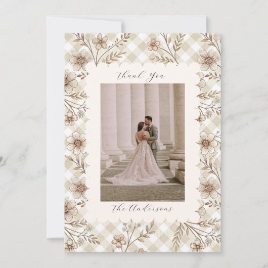 Carte De Remerciements Wedding Photo Guest Appreciation Gingham Floral (Devant)