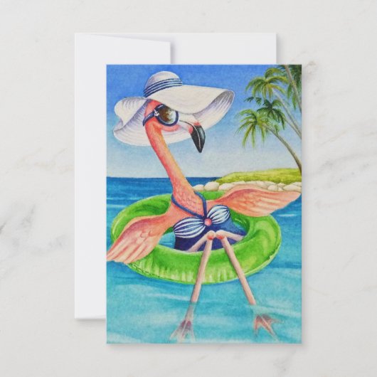 Carte De Remerciements Whimsical Beach Babe Flamant rose rose no 3 (Devant)
