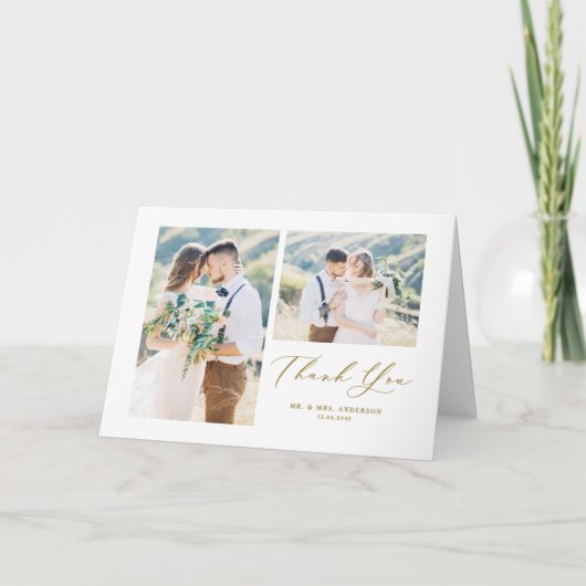 Carte De Remerciements Whimsical Calligraphy Gold Photo Collage Mariage (Devant)
