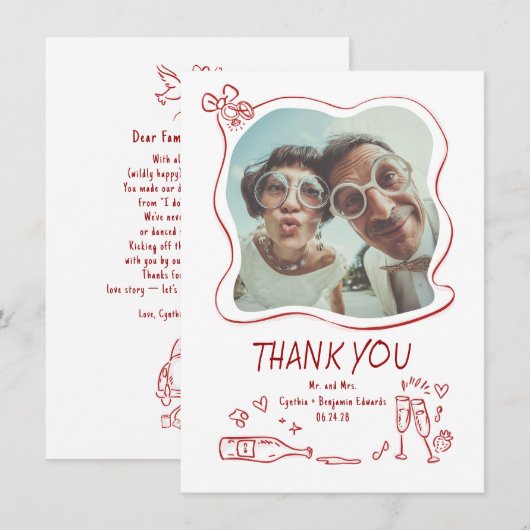 Carte De Remerciements Whimsical Funky Hand Drawn Wedding Photo (Devant / Derrière)