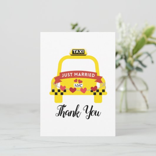 Carte De Remerciements Whimsical Just Married Taxi Thank You (Debout devant)