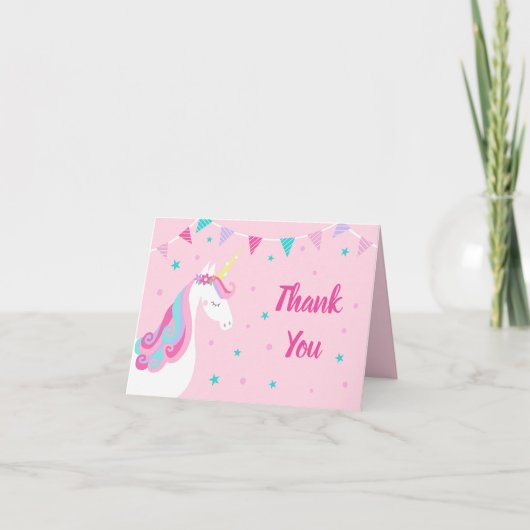 Carte De Remerciements Whimsical Rainbow Unicorn Pink Birthday (Devant)