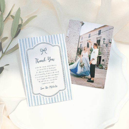 Carte De Remerciements Whimsical Retro Bow & Blue Stripes Wedding