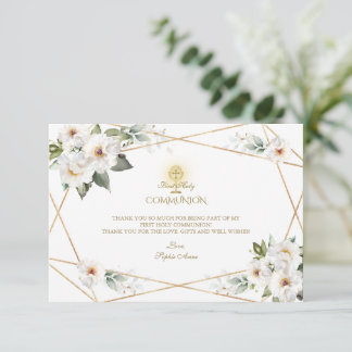 Carte De Remerciements White Cream Floral Gold Girl First Holy Communion 