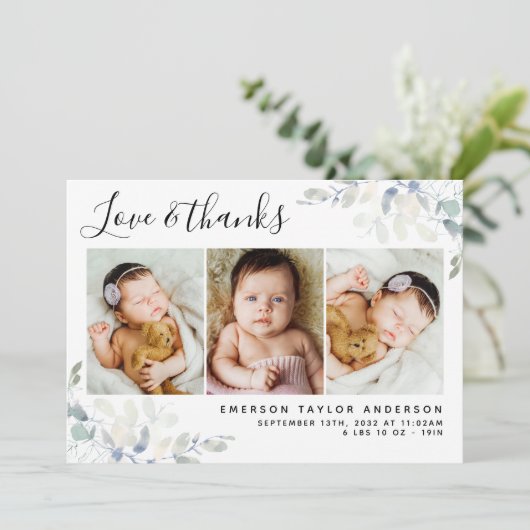 Carte De Remerciements White Pastel Eucalyptus 3 Photo Nouveau bébé (Debout devant)