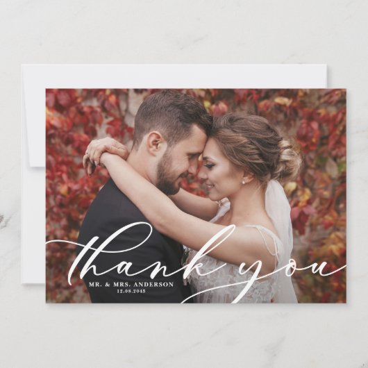 Carte De Remerciements White Whimsical Script superposer photo Mariage (Devant)