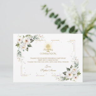 Carte De Remerciements White Wild Rose Gold First Holy Communion