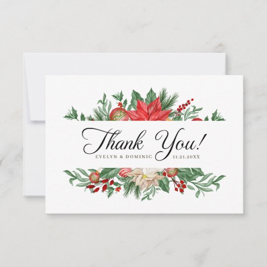 Carte De Remerciements Winter Floral Script Verdure Mariage de vacances (Devant)