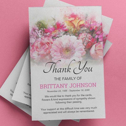 Carte De Remerciements Womens Pink Floral Funeral
