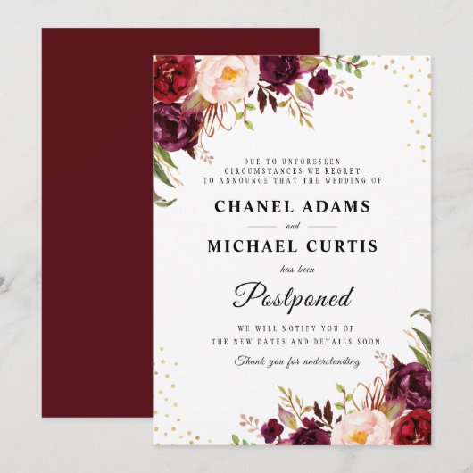 carte de remise de mariage floral bordeaux (Devant / Derrière)