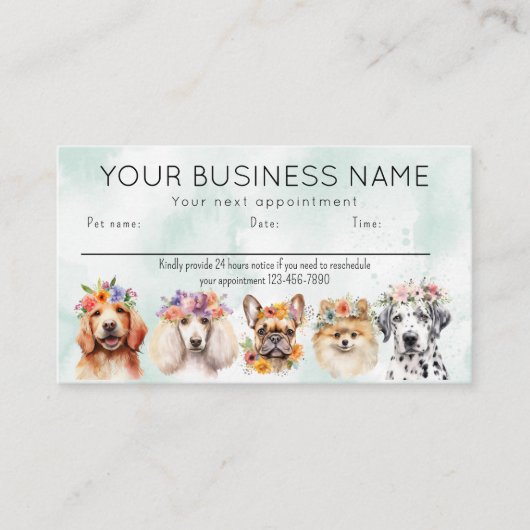 Carte de rendez-vous aquarelle chiens fleurs, vert (Devant)