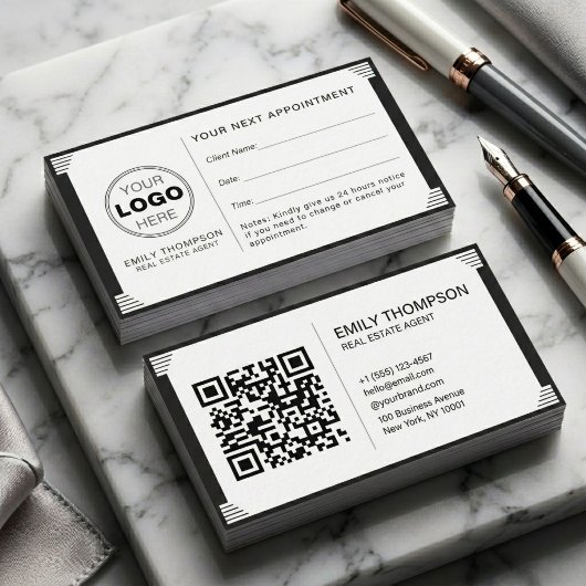 Carte De Rendez-vous Art Deco Black White QR Code Logo Professional