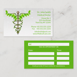 Carte De Rendez-vous Caducée médical alternatif Feuilles vertes Blanche