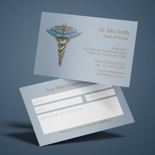 Carte De Rendez-vous Caducée Médical Professionnel Fin Or Bleu Clair