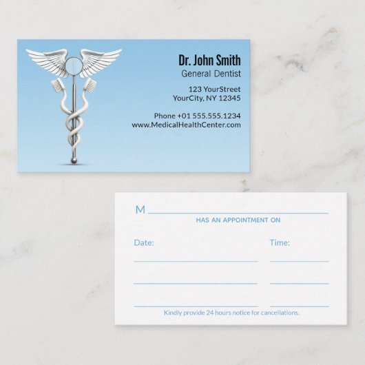 Carte De Rendez-vous Caduceus White Dental Mirror Toothbrush Médicale (Devant / Derrière)