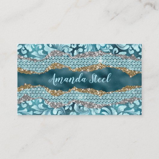 Carte De Rendez-vous Chic floral glittery Turquoise Turquoise or monogr (Devant)