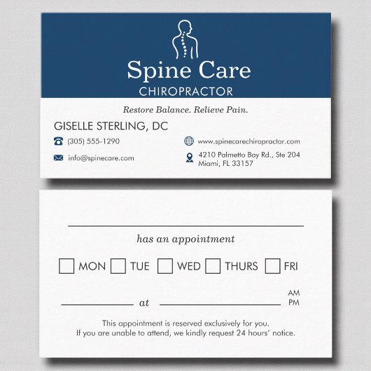 Carte De Rendez-vous Chiropractor Office Appointment Reminder Navy Blue