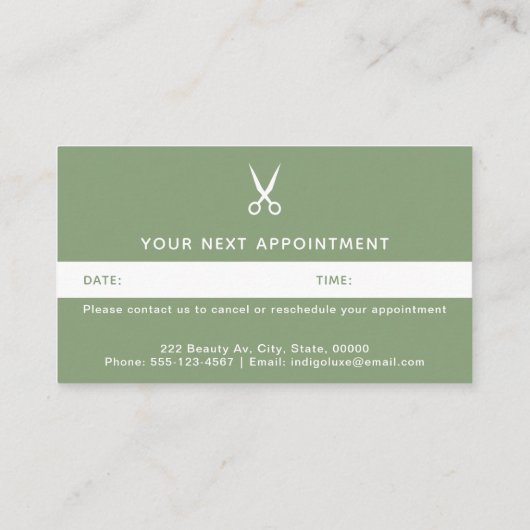 Carte De Rendez-vous Ciseaux de salon de cheveux Vert moderne (Dos)