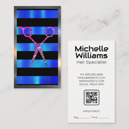 Carte De Rendez-vous Ciseaux de salon | Rayures métalliques (Devant / Derrière)