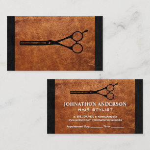 Carte De Rendez-vous Ciseaux de salon Texture en cuir Brown