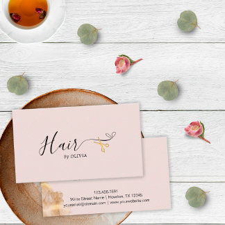 Carte De Rendez-vous Ciseaux dorés élégants Coiffeur Cheveux rose blush