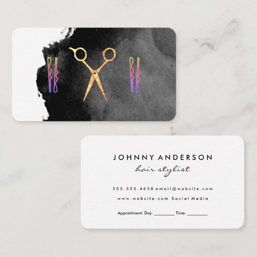 Carte De Rendez-vous Ciseaux Épingle à cheveux | Aquarelle noire (Devant / Derrière)