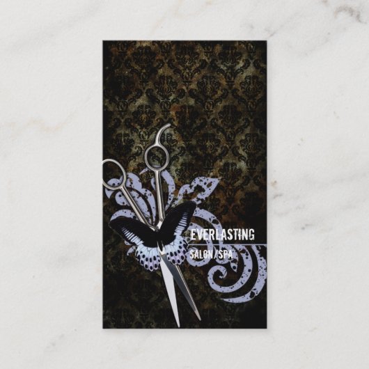 Carte De Rendez-vous ciseaux grunges de coiffeur de papillon de damassé (Devant)