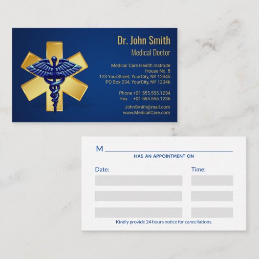 Carte De Rendez-vous Croix d'or bleu Médicale 3D Caduceus (Devant / Derrière)