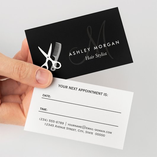 Carte de Rendez-vous de Coiffeur Monogramme Noir B