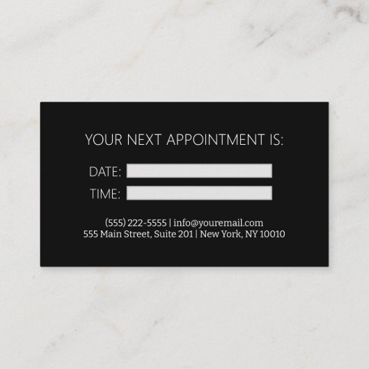 Carte de rendez-vous de coiffure moderne en noir b (Dos)