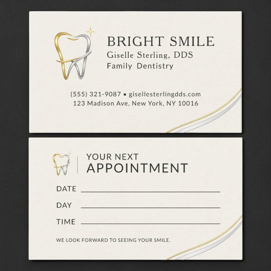 Carte de rendez-vous de dentiste métallisée or arg