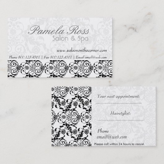 Carte De Rendez-vous Dentelles Moderne Subtilité Damask Salon de coiffu (Devant / Derrière)