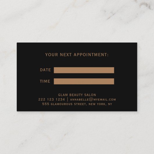 Carte De Rendez-vous Elégante coiffeuse coiffeuse en or noir (Dos)