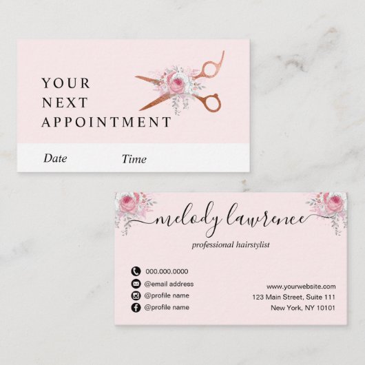 Carte De Rendez-vous Elégante coiffeuse rose en cuivre (Devant / Derrière)