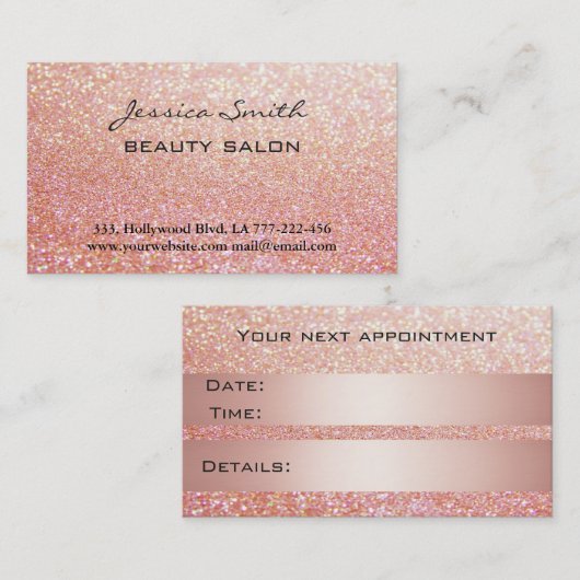 Carte de rendez-vous élégante rose glitterie or ch (Devant / Derrière)