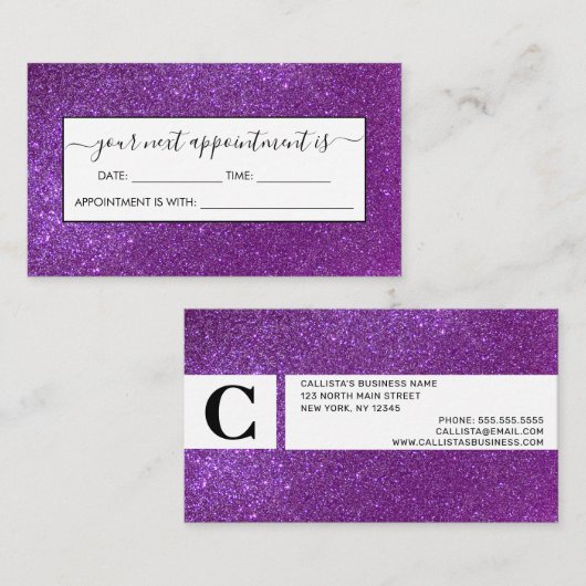 Carte De Rendez-vous Girly Sparkly Royal Purple Parties scintillant (Devant / Derrière)