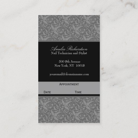 Carte De Rendez-vous Gris élégant de salon de damassé (Dos)