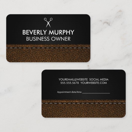 Carte De Rendez-vous Logo des ciseaux | Cuir Brown (Devant / Derrière)