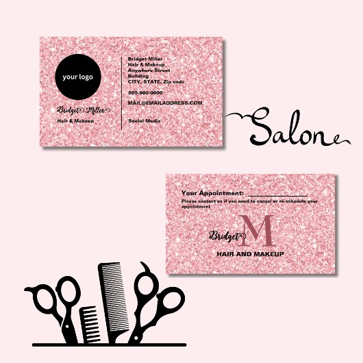 Carte De Rendez-vous Logo monogramme de salon de coiffure Blush Glitter