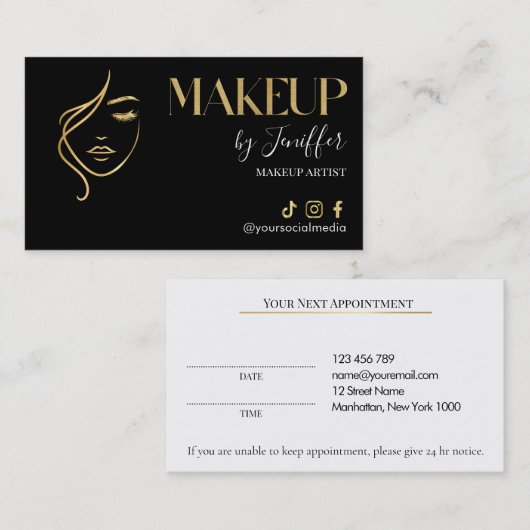 Carte De Rendez-vous Luxury Black & Gold Makeup Appointment Card (Devant / Derrière)