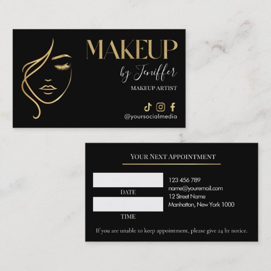 Carte De Rendez-vous Luxury Black & Gold Makeup Appointment Card (Devant / Derrière)