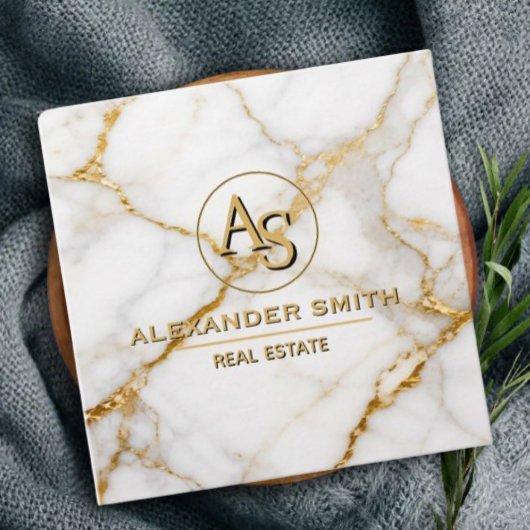 Carte De Rendez-vous Luxury White Marble Gold Monogram Real Estate