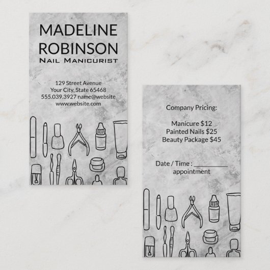 Carte De Rendez-vous Manucure | Arrière - plan en marbre (Devant / Derrière)