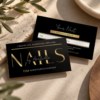 Carte De Rendez-vous Manucure de salon de nail art chic noir et or mode