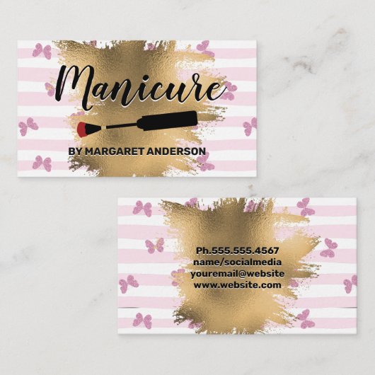 Carte De Rendez-vous Manucure | Papillons | Fond d'or (Devant / Derrière)