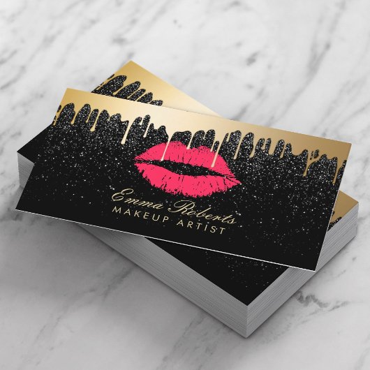 Carte De Rendez-vous Maquillage Artiste Lèvres rouges Rouges Gold Drips