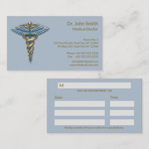 Carte De Rendez-vous Médicale Blue Gold Caduceus Fine Professional